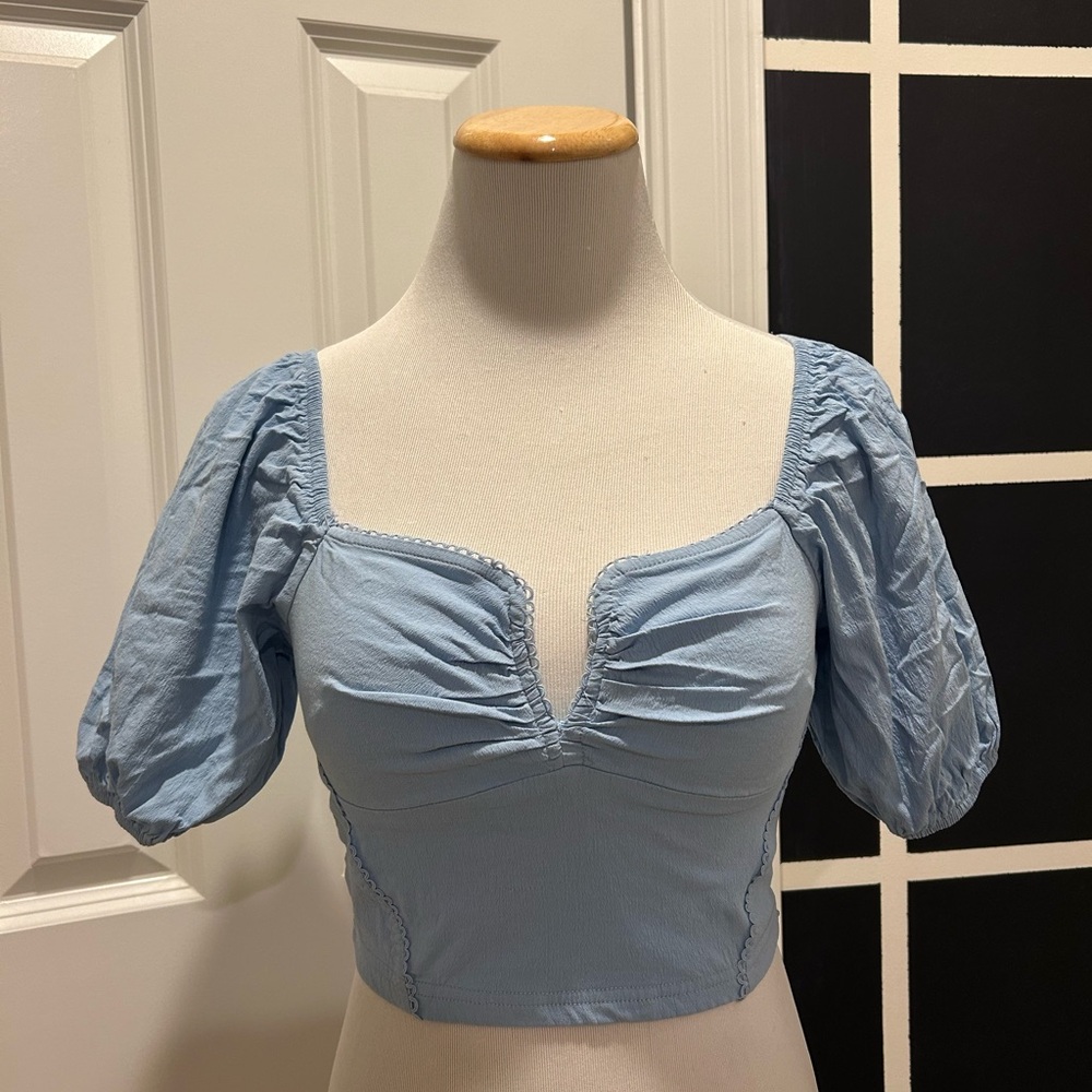 Fashion Nova Blue Puff Sleeve Crop Blouse